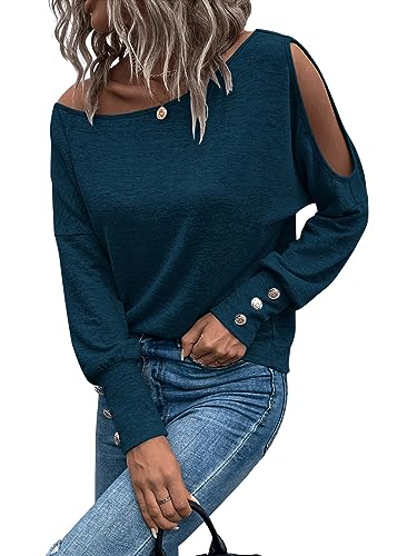 GORGLITTER Cut Outs Oberteil Damen Elegant T-Shirt Langarm Frühling Shirts Casualshirt mit Asymmetrischer Ausschnitt Marineblau XS von GORGLITTER