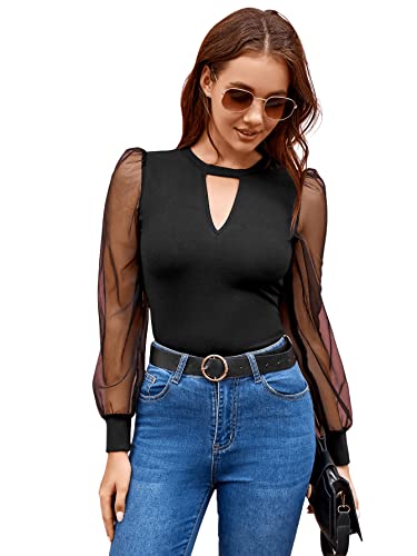 GORGLITTER Damen Cut Outs Langarmshirt Mesh-Ärmel Oberteile Slim Tops Casual Shirts Schwarz L von GORGLITTER