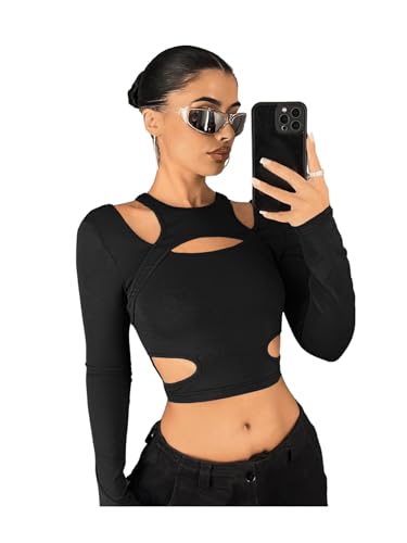 GORGLITTER Damen Cut Outs Oberteile Crop Tops Langarmshirt Slim Top Y2k T-Shirt Schwarz M von GORGLITTER