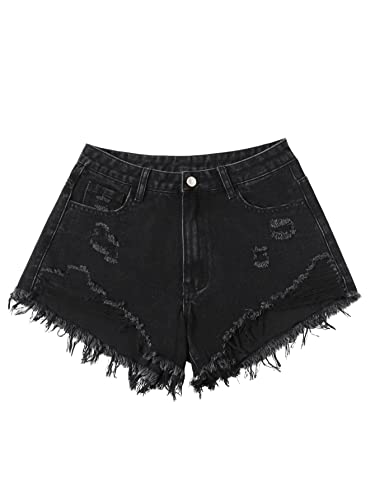 GORGLITTER Damen Denim Shorts Jeansshorts Basic Jeans Kurze Hosen High Waist Kurze Hose Hotpants Shorts mit Riss Schwarz L von GORGLITTER