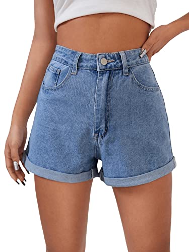 GORGLITTER Damen Denim Shorts Jeansshorts Basic Jeans Kurze Hosen High Waist Kurze Hose Hotpants Shorts mit Taschen Blau M von GORGLITTER