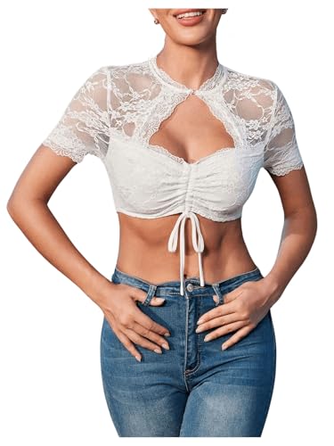 GORGLITTER Damen Dirndlbluse aus Spitze Elegante Exklusive Stretch Dirndl Bluse Trachtenbluse für Oktoberfest Bierfest Outfit Weiß L von GORGLITTER