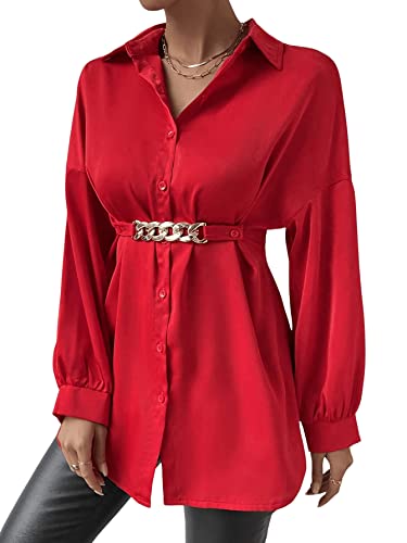 GORGLITTER Damen Drop Shoulder Bluse Button-down Langarm Blusenshirt Lang Hemdbluse Casaul Oberteil mit Gürtel Rot M von GORGLITTER