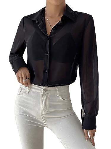 GORGLITTER Damen Durchsichtig Bluse Sheer Hemdshirt Button Down Mesh Oberteil Loose Chiffonbluse Hemdbluse Schwarz XS von GORGLITTER