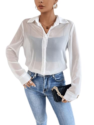 GORGLITTER Damen Durchsichtig Bluse Sheer Hemdshirt Button Down Mesh Oberteil Loose Chiffonbluse Hemdbluse Weiß S von GORGLITTER