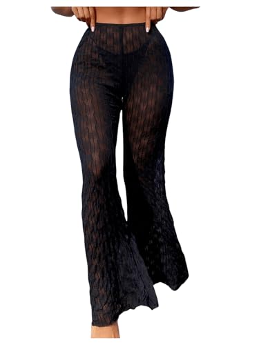 GORGLITTER Damen Durchsichtig Hose Transparent Schlaghose Festival Outfit Hose Netz Rave Hose Freizeithose Schwarz L von GORGLITTER