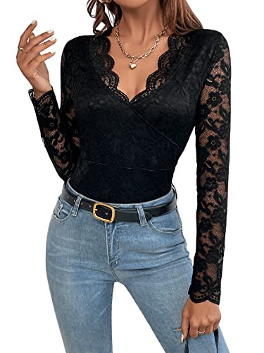 GORGLITTER Spitzen Oberteile Damen Spitzentops Dirndlblusen Langarm Trachtenbluse Spitzenshirt Dirndl Bluse mit V-Ausschnitt Schwarz M von GORGLITTER