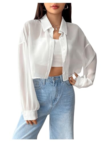 GORGLITTER Damen Durchsichtige Bluse Drop Shoulder Cadigen Crop Blusen Casaul Shirt Hemdbluse Weiß S von GORGLITTER
