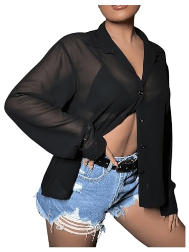 GORGLITTER Damen Durchsichtige Bluse Drop Shoulder Cadigen Knöpfen Blusen Casaul Oberteile Oversized Hemdbluse Schwarz M von GORGLITTER