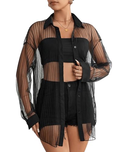 GORGLITTER Damen Durchsichtige Bluse Drop Shoulder Cadigen Knöpfen Mesh Blusen Casaul Oberteile Oversized Hemdbluse ohne Tube Top Schwarz M von GORGLITTER