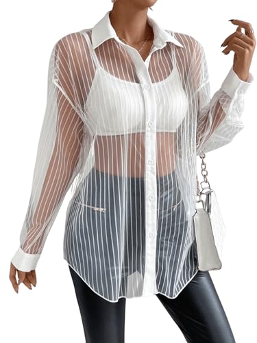 GORGLITTER Damen Durchsichtige Bluse Drop Shoulder Cadigen Knöpfen Mesh Blusen Casaul Oberteile Oversized Hemdbluse ohne Tube Top Weiß M von GORGLITTER