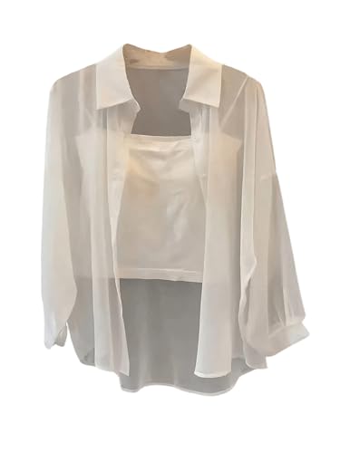 GORGLITTER Damen Durchsichtige Bluse Drop Shoulder Cardigen Transparente Blusen Casaul Oberteile Oversized Hemdbluse Weiß L von GORGLITTER