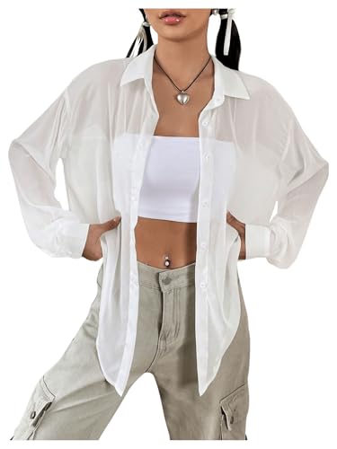 GORGLITTER Damen Durchsichtige Bluse Drop Shoulder Locker Cadigen Knöpfen Blusen Casaul Oberteile Oversized Hemdbluse Weiß S von GORGLITTER
