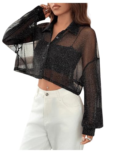 GORGLITTER Damen Durchsichtige Bluse Glitzert Blouson Drop Shoulder Cardigan Crop Blusen Casaul Shirt Hemdbluse Leichte Sommerjacke Schwarz XS von GORGLITTER