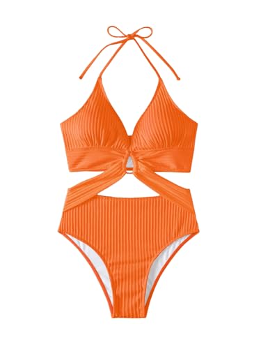 GORGLITTER Damen Einteiliger Bademode Cut Outs Badeanzug Neckholder Sommer Strandmode One Piece Bikini Swimsuit Elgegant Bikini Set Orange M von GORGLITTER