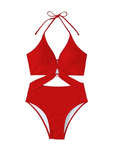 GORGLITTER Damen Einteiliger Bademode Cut Outs Badeanzug Neckholder Sommer Strandmode One Piece Bikini Swimsuit Elgegant Bikini Set Rot M von GORGLITTER