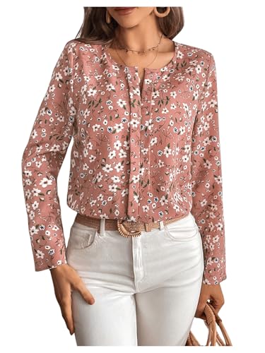 GORGLITTER Damen Elegant Bluse Chiffonbluse Langarm Hemdbluse Langarmshirts Oberteil Tunika mit Blümchen Grau-Rosa XS von GORGLITTER