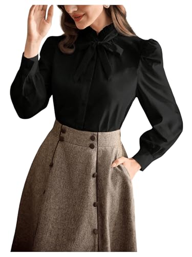 GORGLITTER Damen Elegant Bluse Chiffonbluse Langarm Hemden Hemdbluse Langarmshirts Oberteil Tunika Langarmhemd mit Schleife am Ausschnitt Schwarz S von GORGLITTER