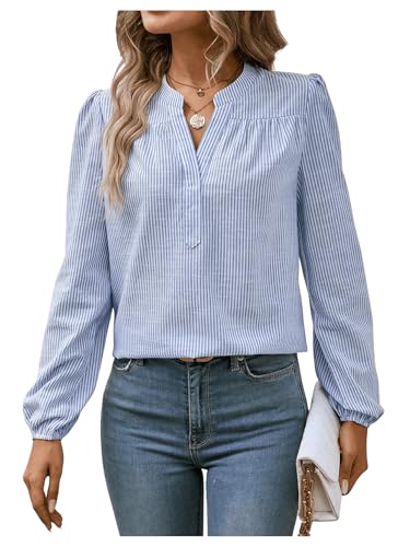 GORGLITTER Damen Elegant Bluse Gestreift Langarm Hemden Hemdbluse Langarmshirts Oberteil Tunika Langarmhemd Blusen mit Puffärmel Blau M von GORGLITTER