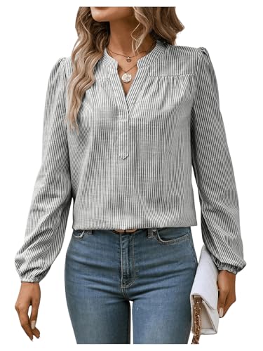 GORGLITTER Damen Elegant Bluse Gestreift Langarm Hemden Hemdbluse Langarmshirts Oberteil Tunika Langarmhemd Blusen mit Puffärmel Hellgrau XL von GORGLITTER