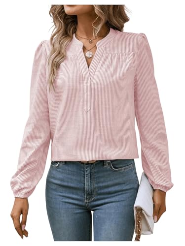 GORGLITTER Damen Elegant Bluse Gestreift Langarm Hemden Hemdbluse Langarmshirts Oberteil Tunika Langarmhemd Blusen mit Puffärmel Rosa XS von GORGLITTER