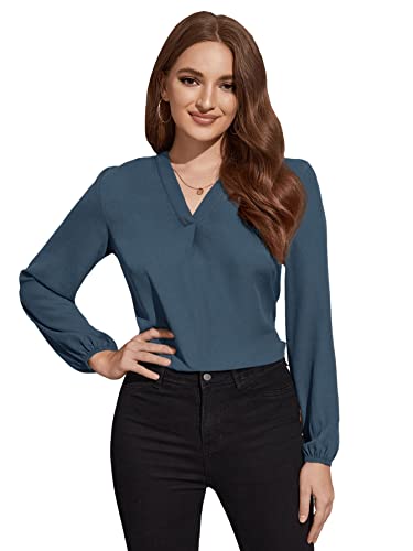 GORGLITTER Damen Elegant Bluse V Ausschnitt Langarm Oberteil Loose Blusen Chiffonbluse Herbst Tunika Pollover Bishop Ärmel Graublau XL von GORGLITTER