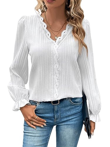 GORGLITTER Damen Elegant Bluse V Ausschnitt Oberteil Langarm Tunika Volant Ärmeln Tops mit Guipure Spitzenbesatz Weiß L von GORGLITTER