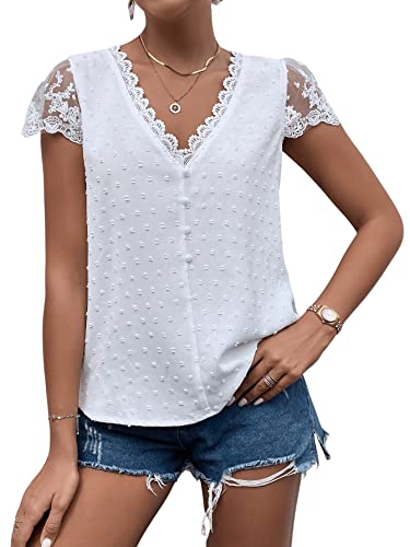 GORGLITTER Damen Elegant Bluse V-Ausschnitt Oberteil mit Spitzen Kurzarmshirt Casual Sommershirt mit Puffärmel Weiß XL von GORGLITTER