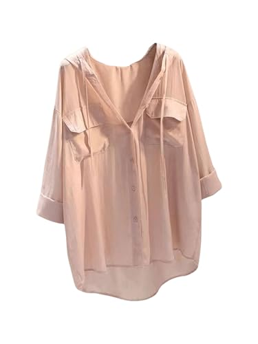 GORGLITTER Damen Elegant Bluse mit Kapuze Hemdbluse Langarmshirt Casual Langarm Shirt Damenblusen Langarmbluse mit Taschen Rosa S von GORGLITTER