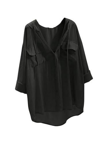 GORGLITTER Damen Elegant Bluse mit Kapuze Hemdbluse Langarmshirt Casual Langarm Shirt Damenblusen Langarmbluse mit Taschen Schwarz XS von GORGLITTER