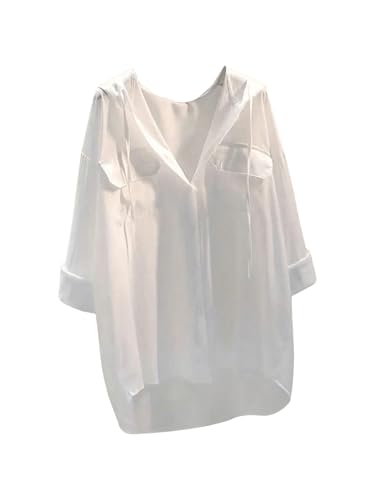 GORGLITTER Damen Elegant Bluse mit Kapuze Hemdbluse Langarmshirt Casual Langarm Shirt Damenblusen Langarmbluse mit Taschen Weiß S von GORGLITTER