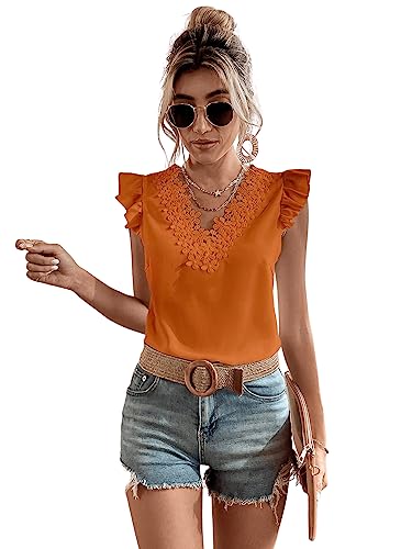 GORGLITTER Damen Elegant Bluse mit Spitzen Oberteil Ärmerllos Tunika Sommer Tops Office Oberteile Blusen V-Ausschnitt Orange L von GORGLITTER