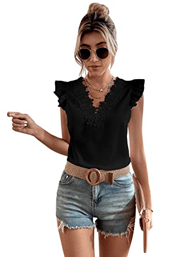 GORGLITTER Damen Elegant Bluse mit Spitzen Oberteil Ärmerllos Tunika Sommer Tops Office Oberteile Blusen V-Ausschnitt Schwarz S von GORGLITTER