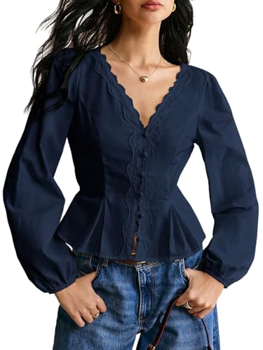GORGLITTER Damen Elegant Blusen Langarmshirt Rüschen Bluse mit V Ausschnitt Langarm Spitzen Top Bauchweg Oberteile mit Knöpfen Vorn Dunkelblau M von GORGLITTER