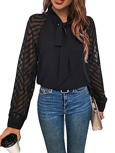 GORGLITTER Damen Blusen Elegant Hemdshirt Office Casualshirt Herbst Oberteil Tunika Chiffonbluse mit Schleife Bluseshirt Schwarz L von GORGLITTER