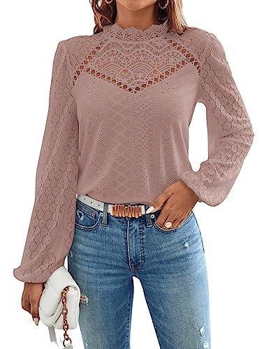 GORGLITTER Damen Elegant Blusen Stehkragen Oberteiel Hemdbluse Langarm Spitzen Tunika Bluse mit Laternenärmeln Grau-Rosa L von GORGLITTER