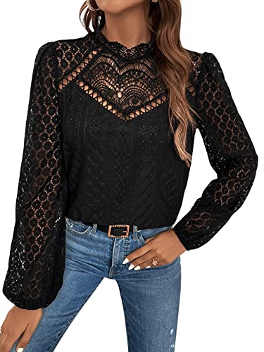 GORGLITTER Damen Elegant Blusen Stehkragen Oberteiel Hemdbluse Langarm Spitzen Tunika Bluse mit Laternenärmeln Schwarz M von GORGLITTER