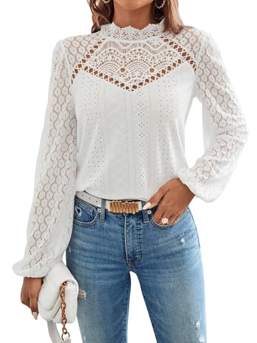 GORGLITTER Damen Elegant Blusen Stehkragen Oberteiel Hemdbluse Langarm Spitzen Tunika Bluse mit Laternenärmeln Weiß M von GORGLITTER