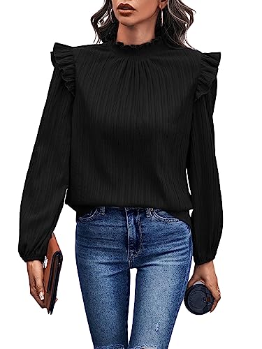 GORGLITTER Elegant Blusen Damen Tunika Office Oberteile Frühling Langarmshirt Tunika mit Rüschenbesatz Schwarz L von GORGLITTER