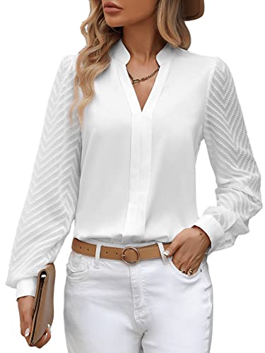 GORGLITTER Elegant Blusen Damen Oberteiel Hemdbluse Langarm Nets-Ärmel Tunika Bluse Weiß M von GORGLITTER