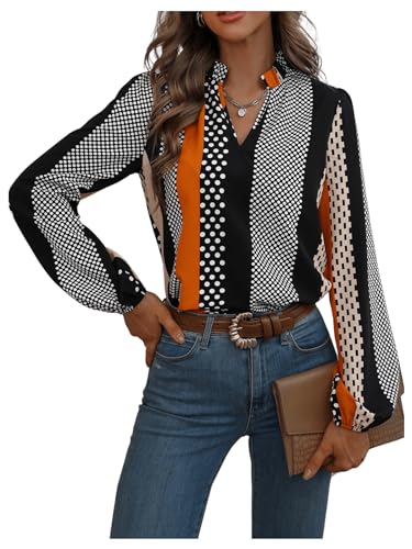 GORGLITTER Damen Elegant Blusen V Ausschnitt Oberteil OL Business Bluse Hemdbluse Polka Dots Hemd Tunika mit Bishop Ärmel Orange XL von GORGLITTER