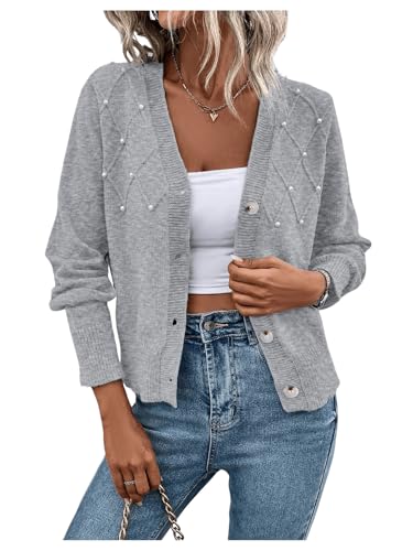 GORGLITTER Damen Elegant Cardigan V-Ausschnitt Strickjacke Pullover Pulli Dünne Jacke mit Perlen Hellgrau M von GORGLITTER