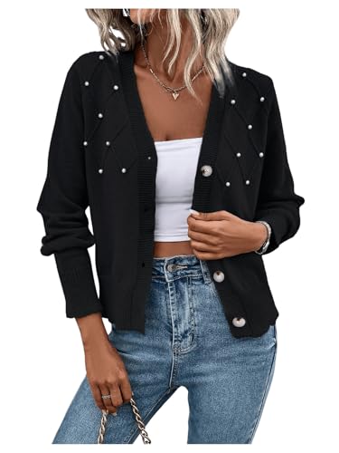 GORGLITTER Damen Elegant Cardigan V-Ausschnitt Strickjacke Pullover Pulli Dünne Jacke mit Perlen Schwarz M von GORGLITTER