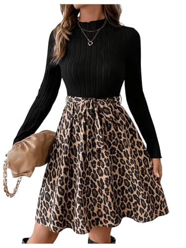GORGLITTER Damen Elegant Kleid A Linie Strickkleid Herbst Freizeitkleid Kurzkleid mit Leopard Herbstkleid Hohe Taille Langarmkleid Braun M von GORGLITTER