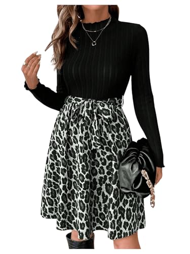 GORGLITTER Damen Elegant Kleid A Linie Strickkleid Herbst Freizeitkleid Kurzkleid mit Leopard Herbstkleid Hohe Taille Langarmkleid Grau L GORGLITTER Damen Elegant Kleid A Linie Strickkleid Herbst Freizeitkleid Kurzkleid mit Leopard Herbstkleid Hohe Taille Langarmkleid Grau L von GORGLITTER