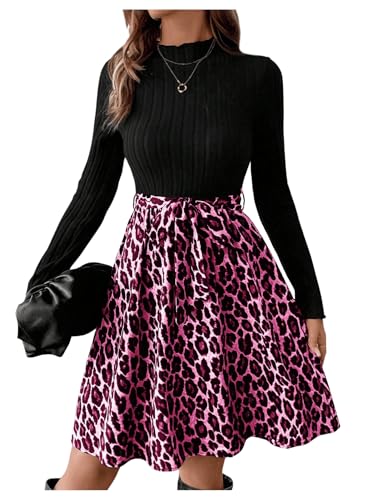 GORGLITTER Damen Elegant Kleid A Linie Strickkleid Herbst Freizeitkleid Kurzkleid mit Leopard Herbstkleid Hohe Taille Langarmkleid Heißes Pink XXL von GORGLITTER