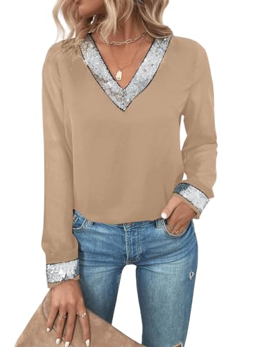 GORGLITTER Damen Elegant Langarm Bluse mit Kontrast Pailletten Oberteil Mesh Ärmel Tunika Langarmshirts Office Chiffon Blusen Khaki L von GORGLITTER