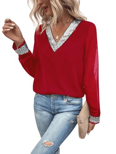 GORGLITTER Damen Elegant Langarm Bluse mit Kontrast Pailletten Oberteil Mesh Ärmel Tunika Langarmshirts Office Chiffon Blusen Rot einfarbig L von GORGLITTER