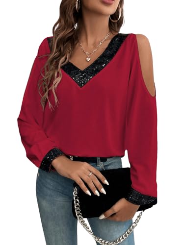 GORGLITTER Damen Elegant Langarm Bluse mit Pailletten Oberteil Cold Shoulder Tunika Langarmshirts Office Chiffonblusen V-Ausschnitt Bordeaux M von GORGLITTER