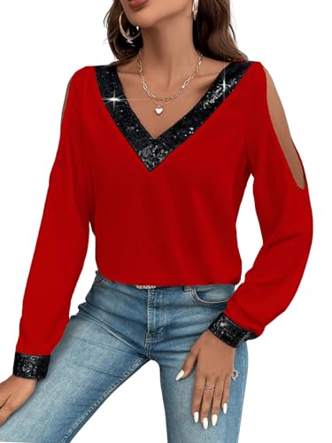 GORGLITTER Damen Elegant Langarm Bluse mit Pailletten Oberteil Cold Shoulder Tunika Langarmshirts Office Chiffonblusen V-Ausschnitt Rot XL von GORGLITTER